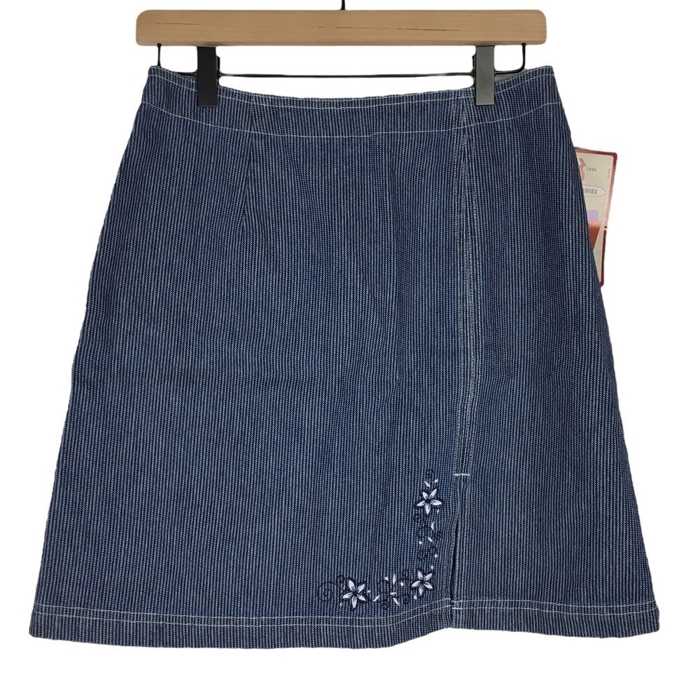 ROUTE 66 Vintage 90s Y2K Denim Jean Skirt Embroidered Flowers Pinstripe 11/12